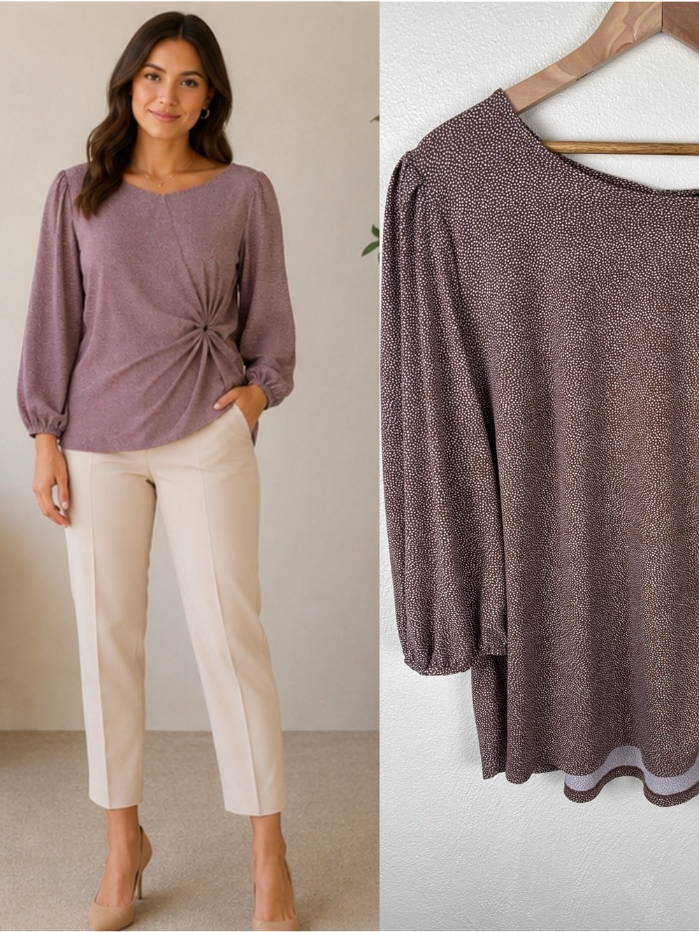 Adrianna Papell Mauve Printed Knot Front Blouse Women’s Size XL Office Business